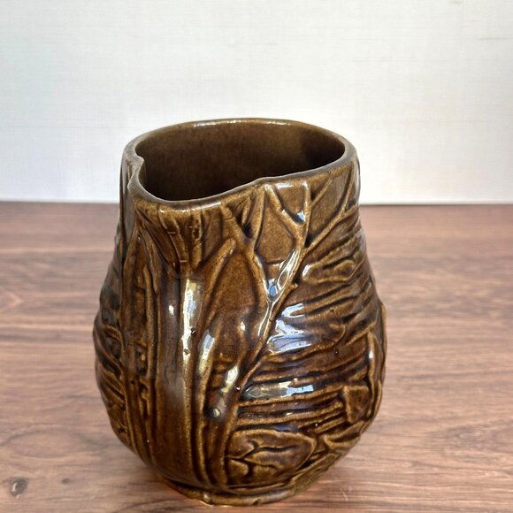 Vintage 1930s McCoy Brown Lotus Water Lily Pitcher 5" Tall Ceramic Embossed - Picture 4 of 9